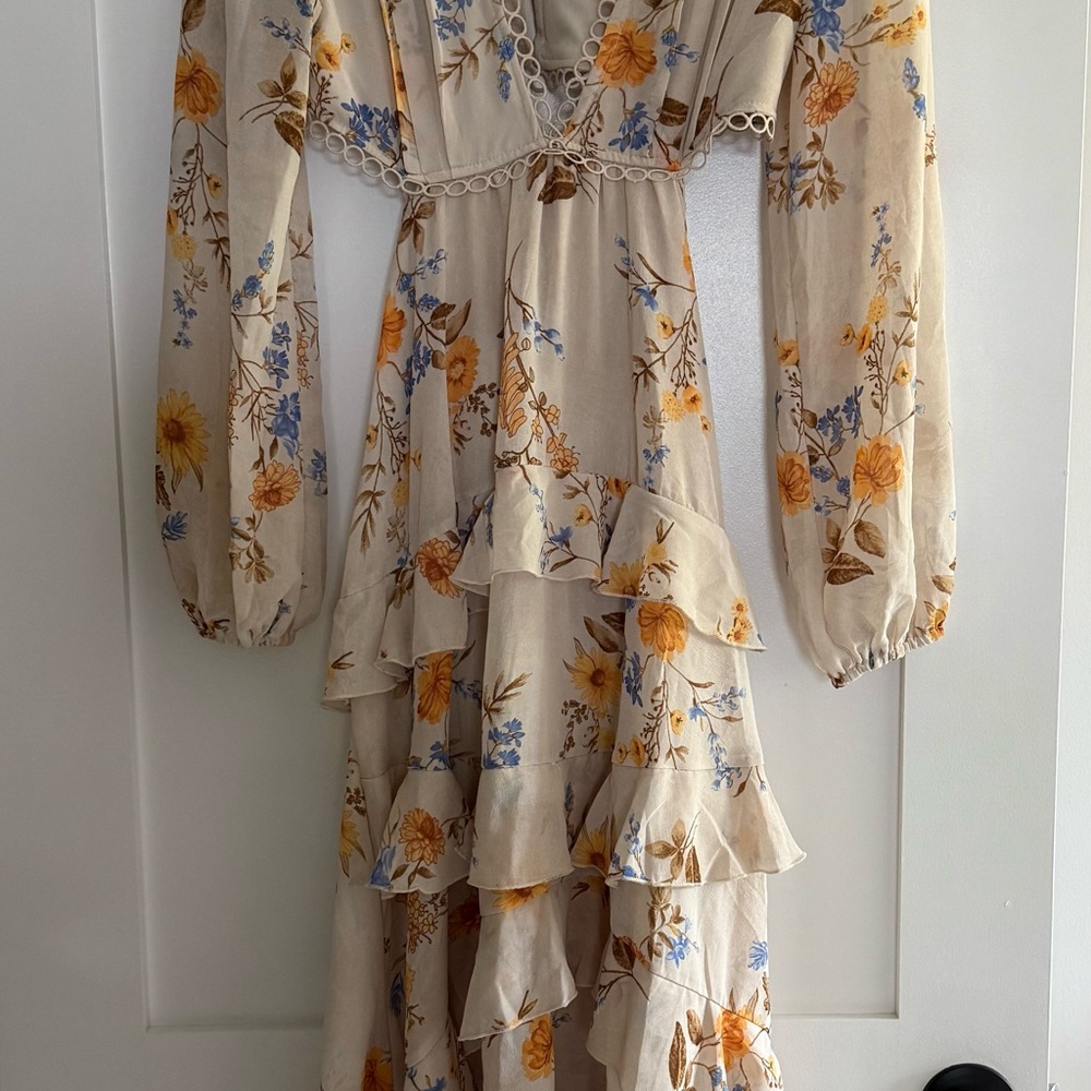 Floral Cream Dress with Cutout & Ruffle Details